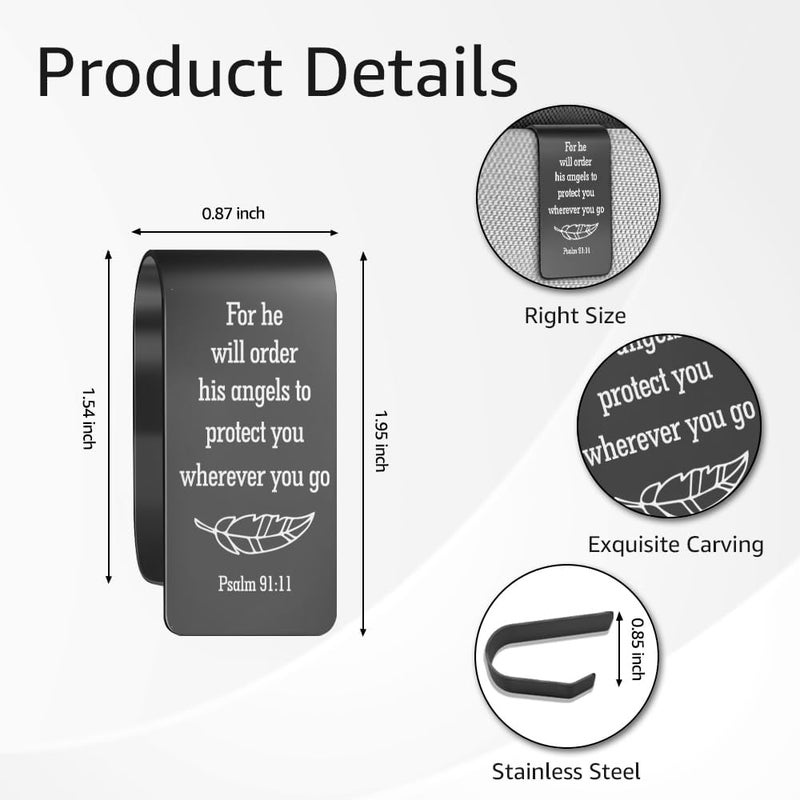 PUVOXHO for He Will Order His Angels to Protect You Black Engraved Stainless Steel Car Visor Clip, Psalm 91:11, Guardian Angel Visor Clips for Cars, Safe Driving Gifts for Family Friend - Image 1